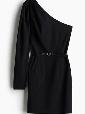 H&M One-Shoulder Black Mini Dress with Belt